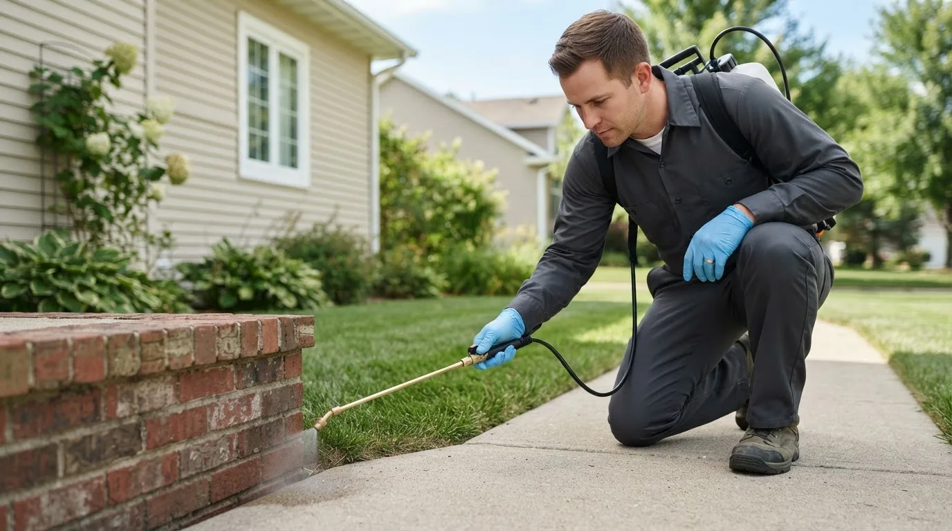 Pest control technician treating a home near Putney, VT