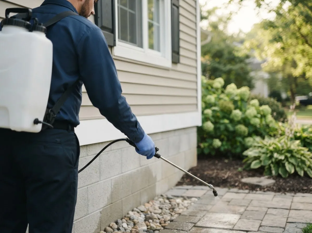 Pest control technician inspecting a home in Putney, VT